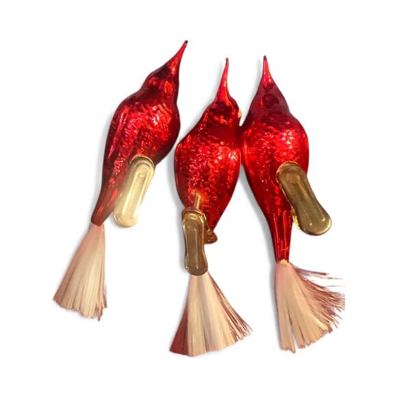 3 Vintage 1970's Mercury Glass Clip On Bird Ornaments 5”Red w Fiberglass tail - Picture 2 of 11